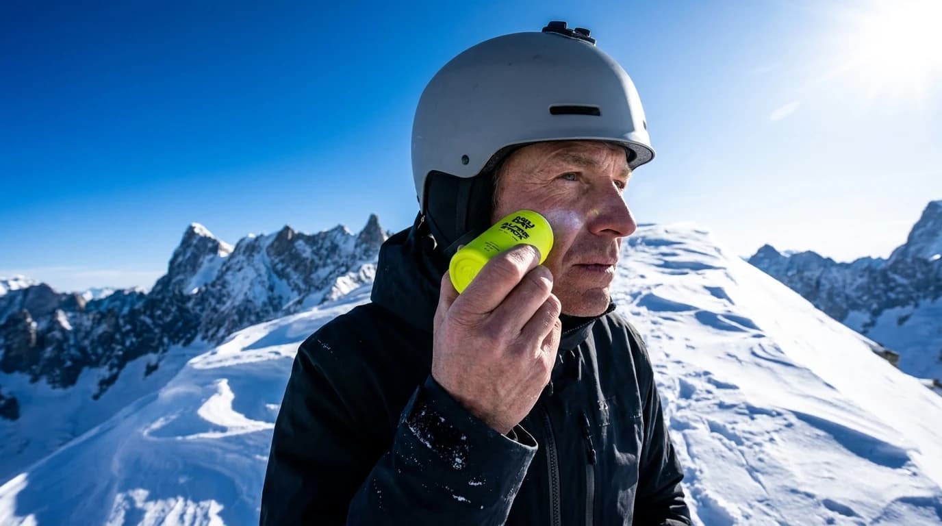 A skier on a snow ridge applying the NEUDAY Alpine Stick to wind-burned cheeks