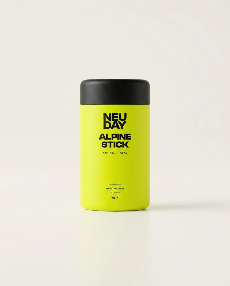 NEUDAY Alpine Stick SPF 50+ snow stick — a rugged volt-yellow push-up sunscreen stick with a matte-black base, on a warm bone studio background
