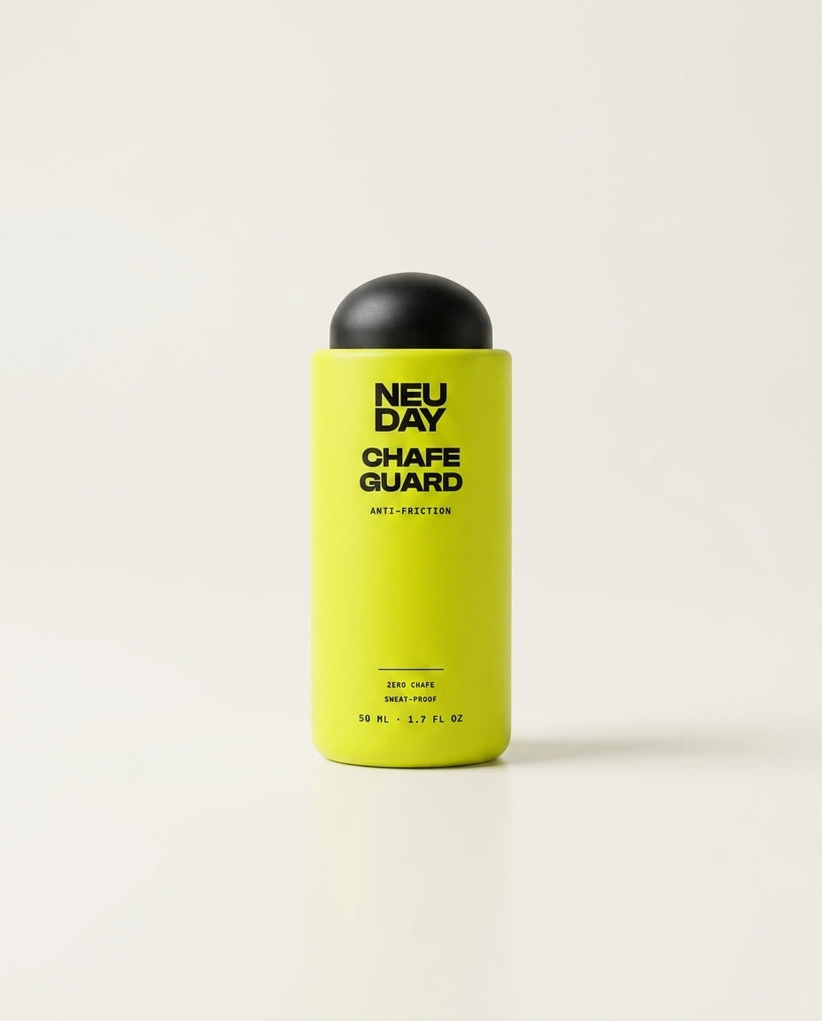 NEUDAY Chafe Guard anti-friction roll-on — a volt-yellow 50ml roll-on bottle with a matte-black collar, on a warm bone studio background