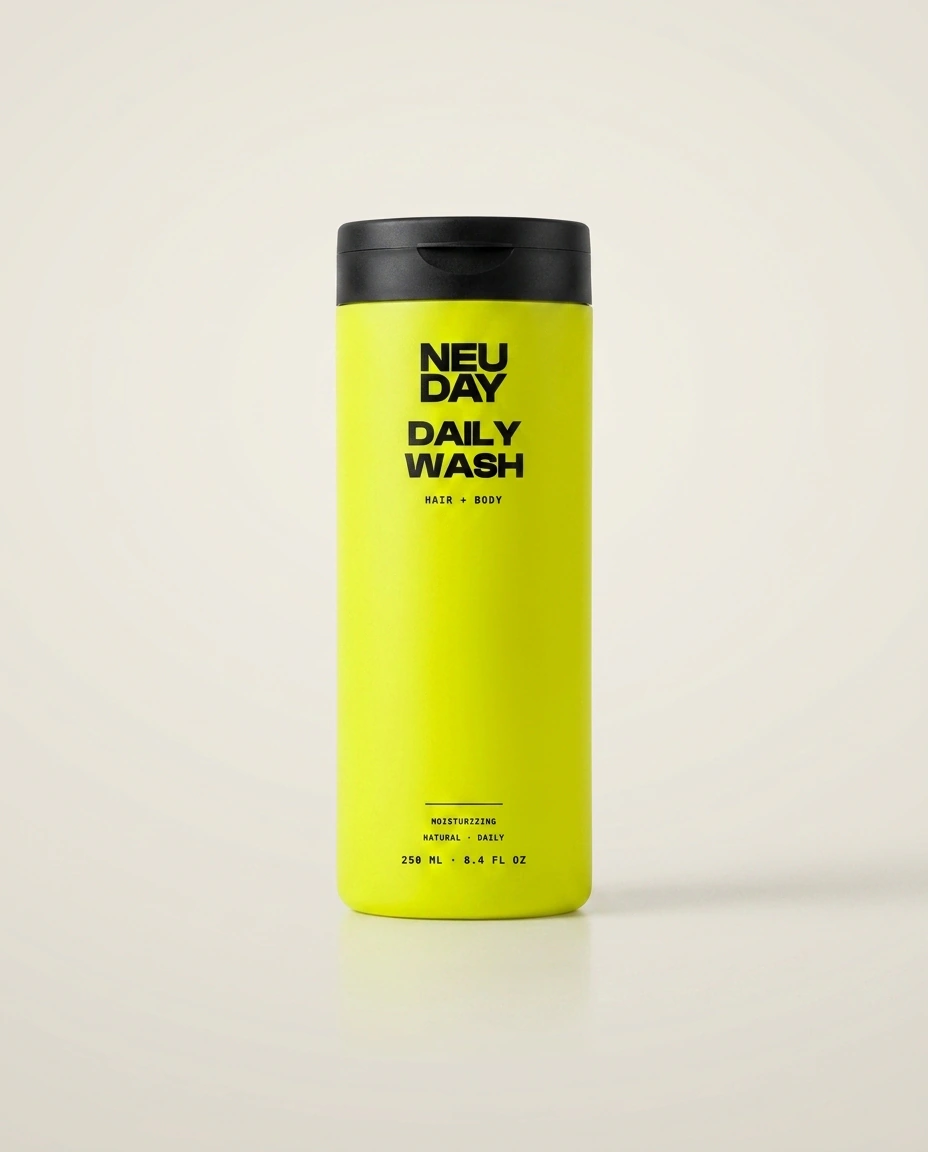 NEUDAY Daily Wash — a volt-yellow 250ml moisturizing hair & body wash bottle with a matte-black flip-top cap, on a warm bone studio background