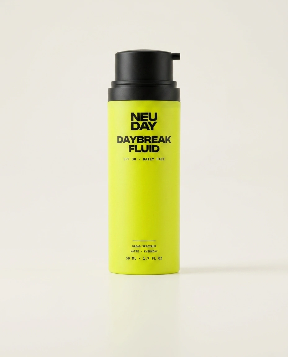 NEUDAY Daybreak Fluid SPF 30 — a volt-yellow daily face fluid bottle with a matte-black pump, on a warm bone studio background