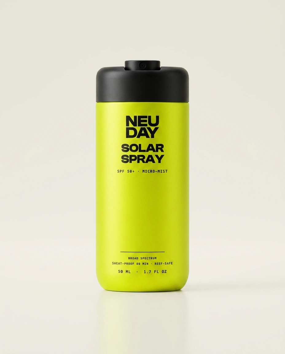 NEUDAY Solar Spray SPF 50+ — a volt-yellow 50ml aluminium micro-mist can with a matte-black cap and the NEUDAY wordmark, on a warm bone studio background